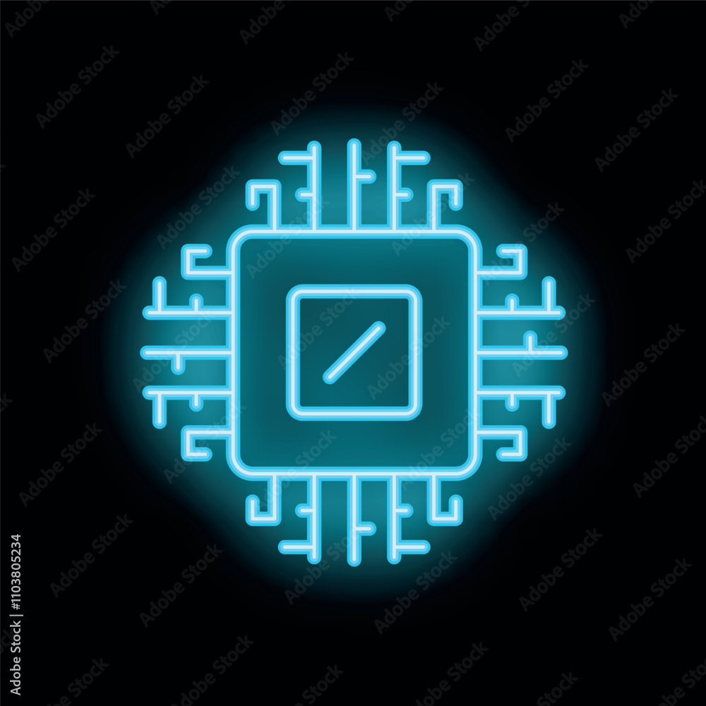 Poster neon cpu glowing on black background representing microchip technology and digital innovation