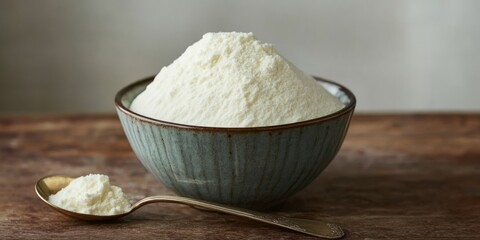Fototapeta premium Nutrient rich powdered milk displayed in a bowl alongside a spoon, highlighting the benefits of powdered milk for a healthy diet, showcasing the versatility of powdered milk in meals.