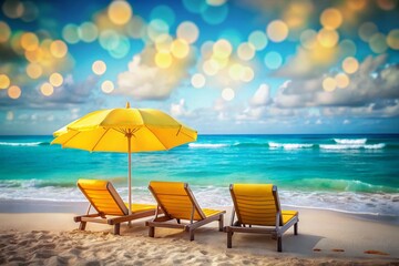 Fototapeta premium Serene Tropical Beach Scene with Cozy Lounge Chairs, Bright Yellow Umbrella, and a Dreamy Bokeh Effect for a Relaxing Vacation Vibe