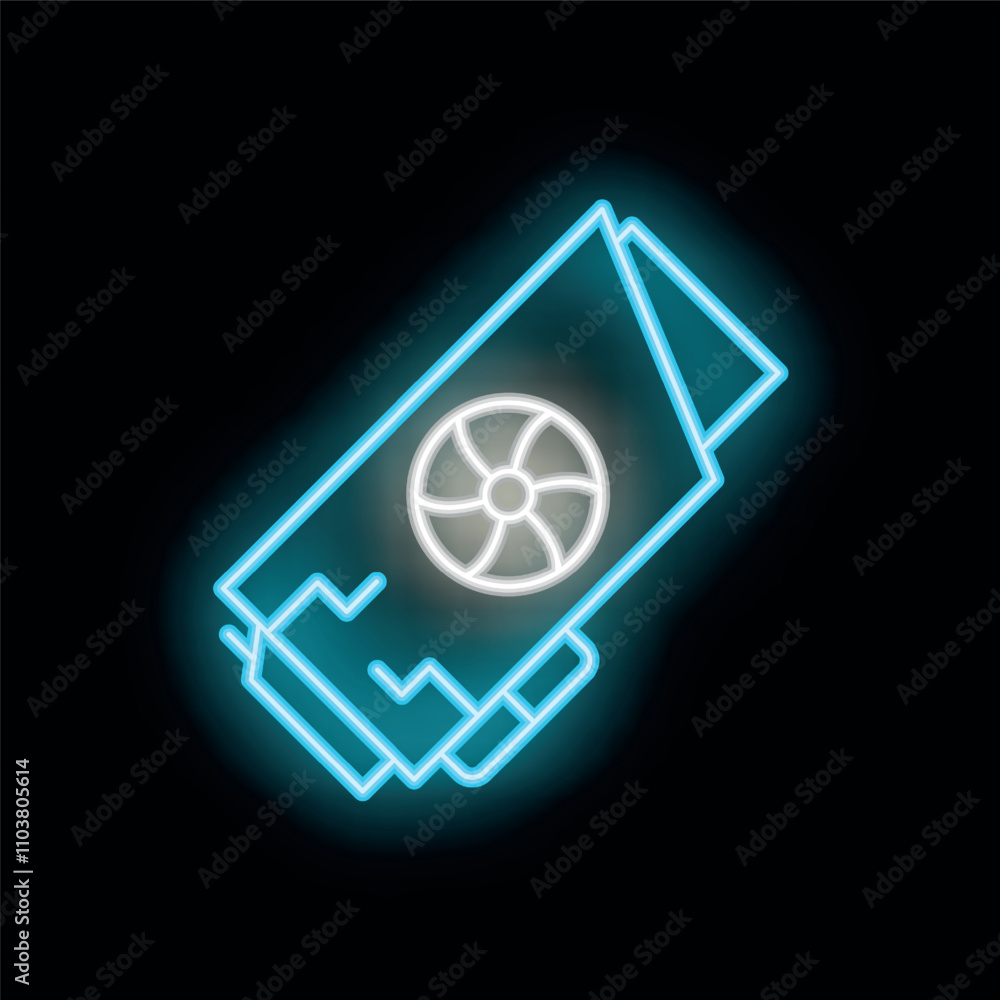 Poster blue neon icon of a modern graphics processing unit, illustrating the concept of gpu mining for cryp