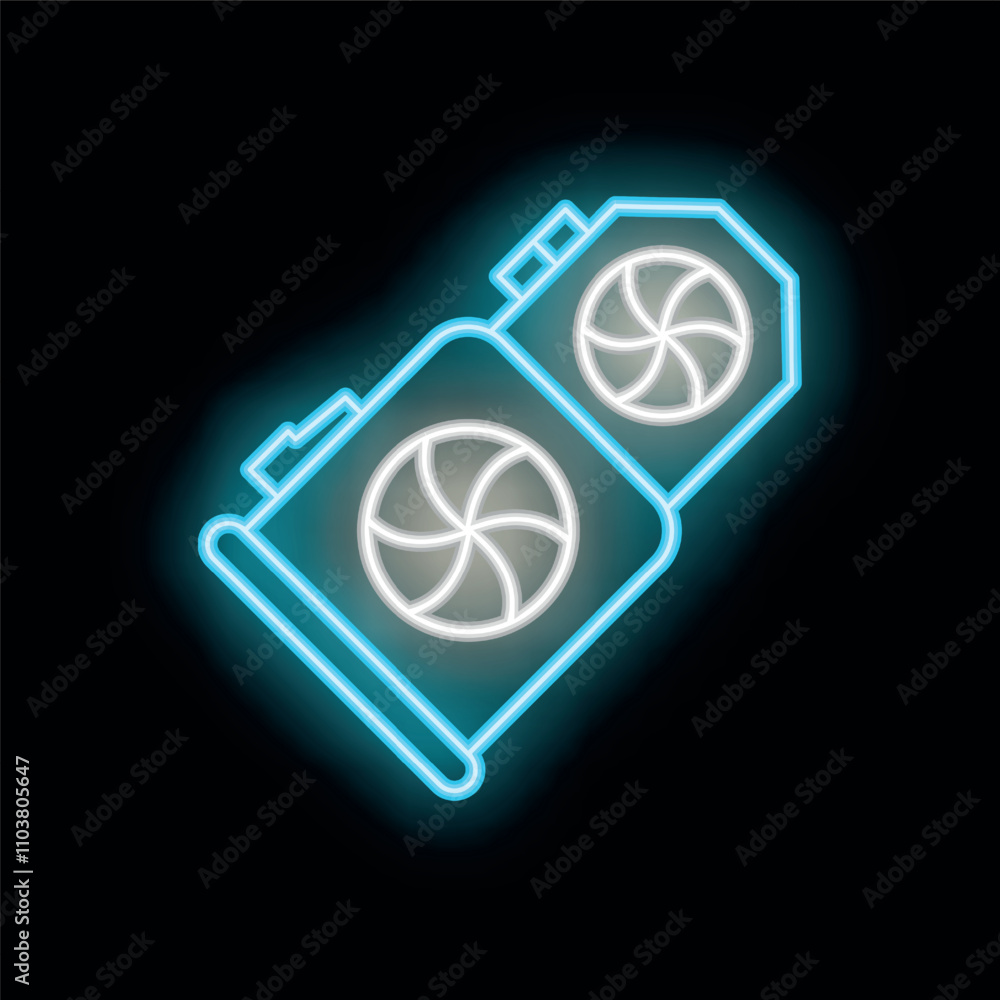 Poster neon icon of computer part cooling system with two spinning fans glowing on black background