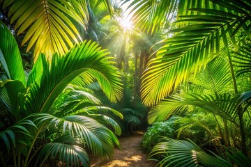 Fototapeta premium Serene Tropical Escape with Lush Greenery and Vibrant Palm Leaves Illuminated by Soft Light and Gentle Shadows for a Tranquil Ambiance in Nature's Embrace
