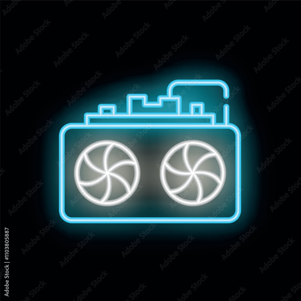 Poster neon sign of a computer video card with two coolers for mining cryptocurrency on a black background