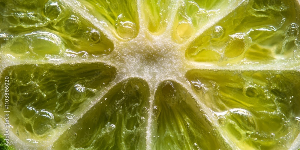Poster a close up view showcasing the vibrant texture and details of a lime slice, emphasizing its refreshi
