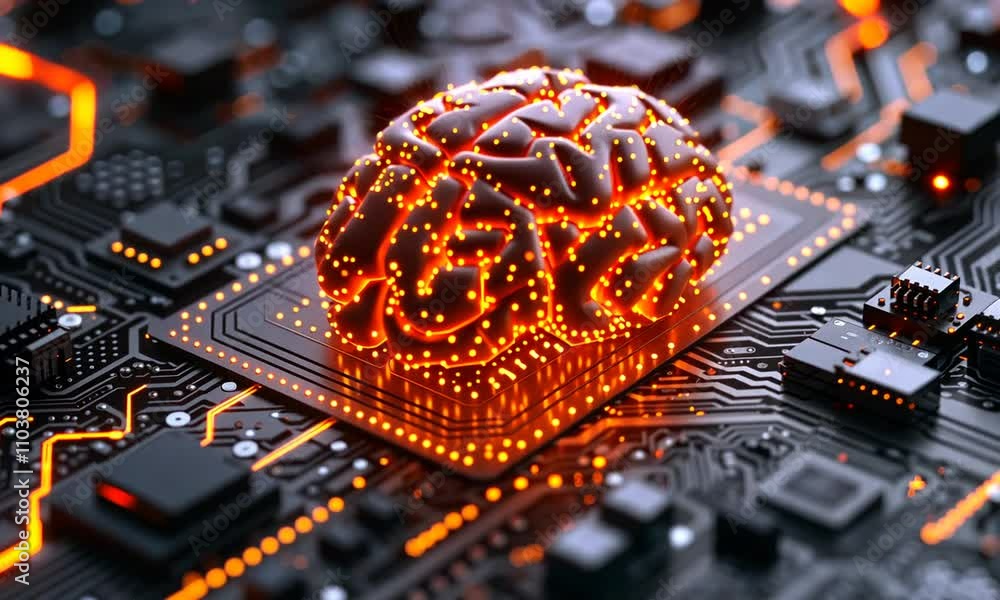 Aufkleber a glowing human brain rests on a circuit board, representing the concept of artificial intelligence 
