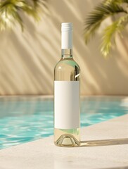 Aesthetic mock up of white wine bottle with empty label by pool, empty, white wine, aesthetic, elegance