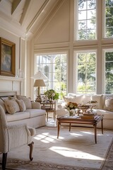 Sunlit Living Room With Elegant Cream Furniture And Large Windows