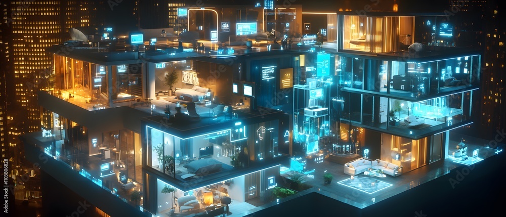 Poster a futuristic multi-level building illuminated with neon lights and modern technology.