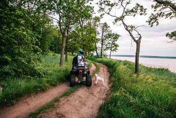 a girl and a guy bikers ride quad bikes in a beautiful green forest on a river cliff, their dogs are running nearby