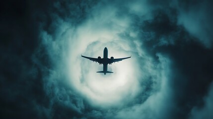 Fototapeta premium Airplane Silhouette Flying Through Dark Storm Clouds