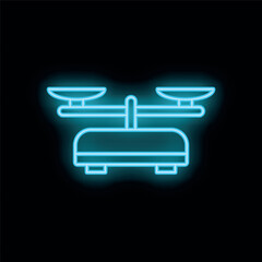 Neon blue scales are glowing on a black background, representing justice, balance, and law