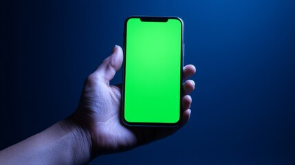 A person holding a smartphone with a green screen, ideal for editing or chroma key use in video and photography..