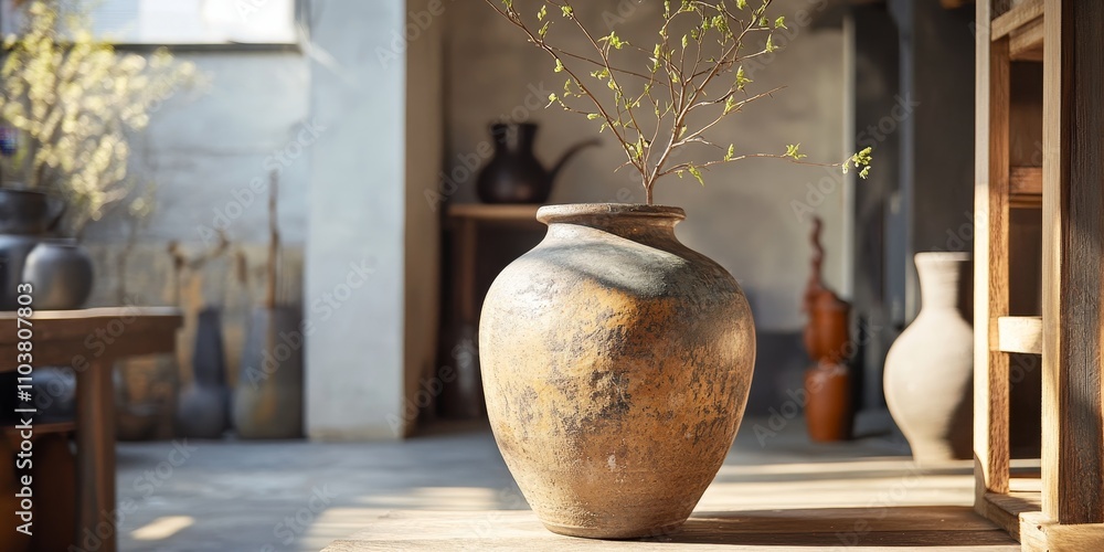 Poster antique earthenware jar displayed in a room, showcasing the unique design and texture of the earthen