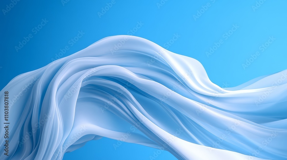 Poster elegant flowing waves of white translucent fabric, creating a soft and dynamic look against a bright