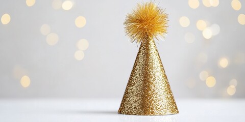 A detailed close-up of a glittering gold party hat with a fluffy pom-pom, resting on a smooth white surface