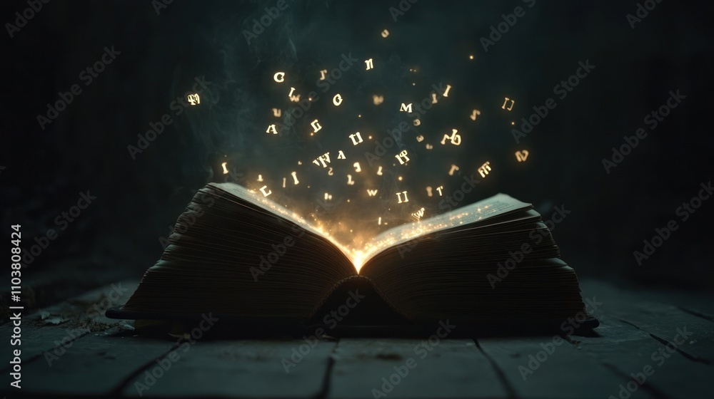 Poster an open book with glowing letters emerging from it.