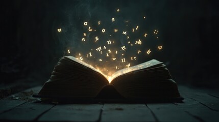 Fototapeta premium An open book with glowing letters emerging from it.