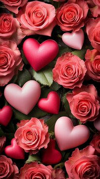 Romantic composition of vibrant pink roses intertwined with glossy red and soft pink heart shapes, creating a lush, passionate Valentine's Day or love-themed backdrop.