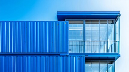 Modern blue shipping container architecture with glass balcony, showcasing innovative sustainable design for urban living spaces and offices.