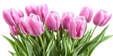 Fototapeta premium Vibrant bouquet of stunning pink tulips displayed against a clean white background, showcasing the beauty of pink tulips for floral arrangement enthusiasts and nature lovers alike.