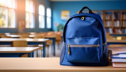Navy Blue School Backpack with Books on the Table in Blured Class Room Background. Back to School Concept. Banner with Copy Space.