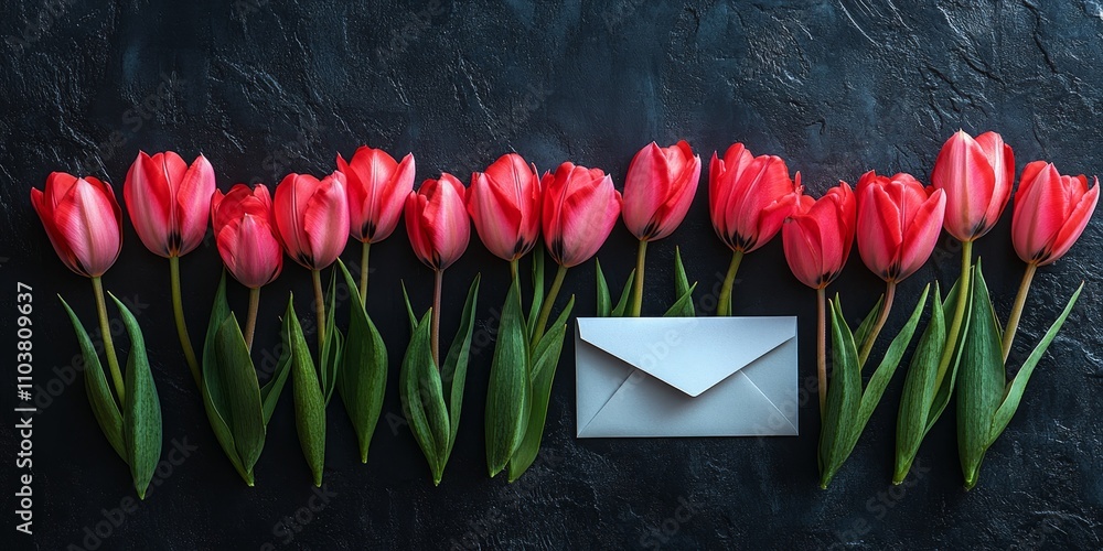 Poster tulip flowers arranged in a row alongside an envelope on a textured black background, creating a sty