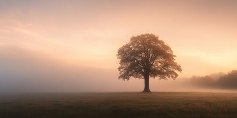 Obraz premium Solitary tree stands in a field at dawn, bathed in the soft light of early morning. This lonely tree creates a serene landscape that s perfect for capturing the beauty of nature at dawn.