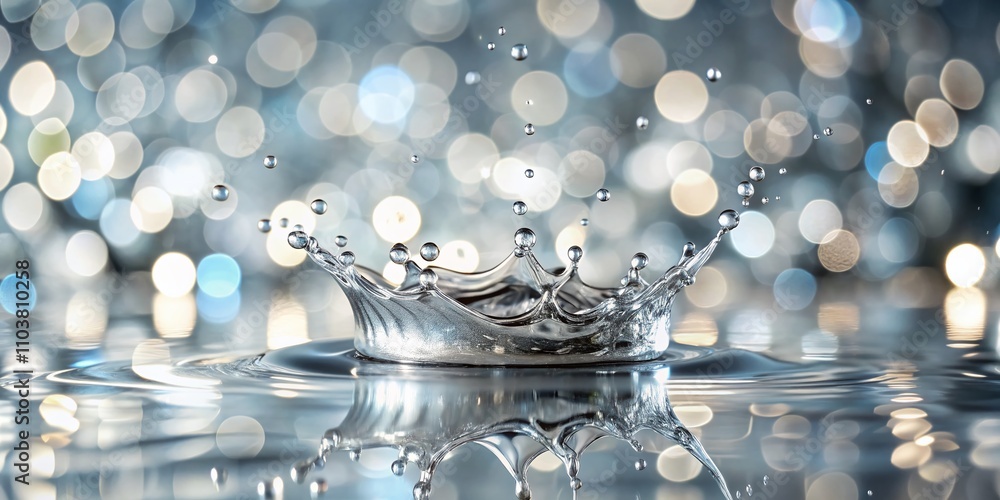 Aufkleber shiny silver liquid splashes and droplets on a white background creating a bokeh effect for stunning