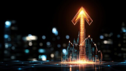 Start planning for success execution goals through a glowing arrow upward in a modern cityscape