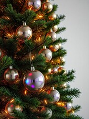 Fototapeta premium A modern Christmas tree with sleek glass balls and LED lights, Contemporary Christmas Tree, Modern Glass Balls, Futuristic Decor