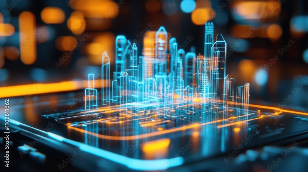 Aufkleber futuristic cityscape with neon technology visualization on digital device, concept of innovation and