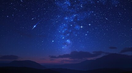 A magical and enchanting starry night scene with a few shooting stars in the distance , cosmic, colorful, universe, galaxy