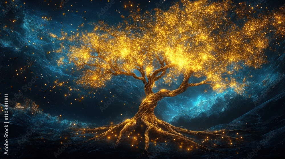 Aufkleber glowing tree with sparkling branches in a cosmic setting.