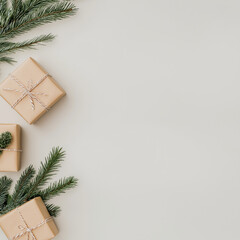 Christmas greeting card with fir tree and paper gift boxes. Copy space. Minimal concept. Top view. 