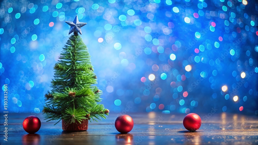 Aufkleber silhouette of a green tree with a fragile red toy on a blue table surrounded by red stars, capturing