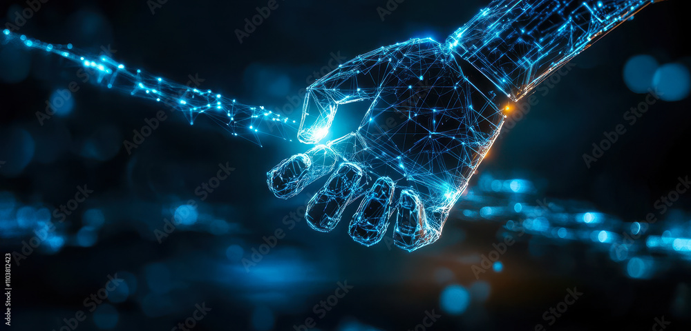 Poster robotic hand holding blockchain network with ai for internet security and data encryption