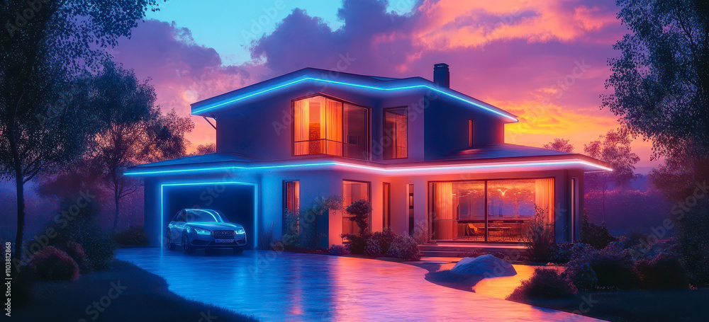 Poster smart home with ai-driven lighting and security technology adjusts to daily needs at dusk