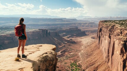Naklejka premium Awe-inspiring Canyon Vista: A Woman Contemplates the Majestic Landscape. Hiking Adventure in a Stunning Natural Setting