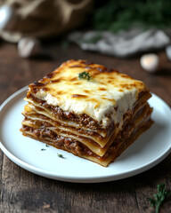 Delicious lasagna on a white plate.