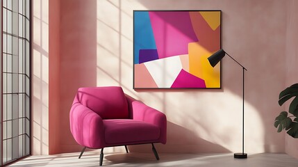 Pink armchair and abstract artwork in a sunlit room