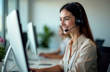 A young woman with a headset smiles while engaging with customers in a modern office environment. Her coworkers are also focused on providing assistance, showcasing teamwork and professionalism.