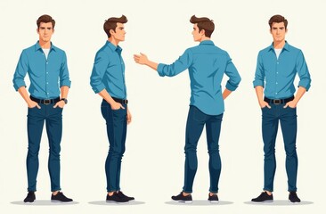 Obraz premium A male character is depicted in multiple poses, showcasing different angles and expressions. He wears a blue shirt, slim jeans, and black shoes, embodying a modern, casual look.