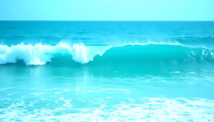 Obraz premium Ocean waves crash along the shore, below a vivid blue sky, creating a dynamic and refreshing coastal scene.