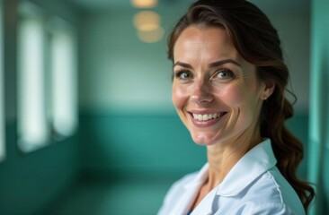 Fototapeta premium A healthcare provider stands confidently in a well-lit clinic corridor, wearing a white coat and smiling warmly. Copy space