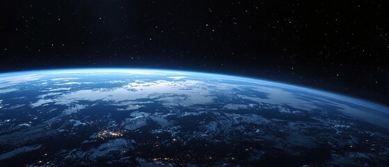 Obraz premium An orbital view of Earth from afar, showing its pale blue hue against the inky blackness of space, with a few distant stars twinkling like diamonds, stars, blackness, Earth