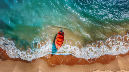 Fototapeta premium Waves and a boat on the beach from the air. Beautiful natural background in summer.