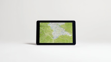 Fototapeta premium Modern Tablet Displaying Geographic Map, Showcasing Detailed Terrain and Water Features Against a Minimalistic Background for Technology and Nature Themes