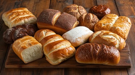 Naklejka premium A Diverse Array of Freshly Baked Breads, Displayed on a Rustic Wooden Board