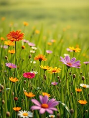 Fototapeta premium Colorful wildflowers and lush green grass in a countryside meadow, colorful blooms, outdoor scenery, nature scenery