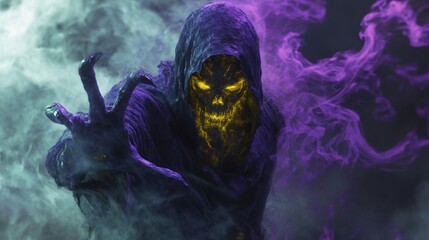 Eerie Specter Emerging from Darkness Amidst Swirling Phantom-like Smoke and Shadows